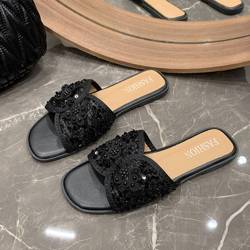 Damen nan elegante Mule mit quadratischer Zehenpartie Bouclé-Obermaterial und Perlenverzierung R&B