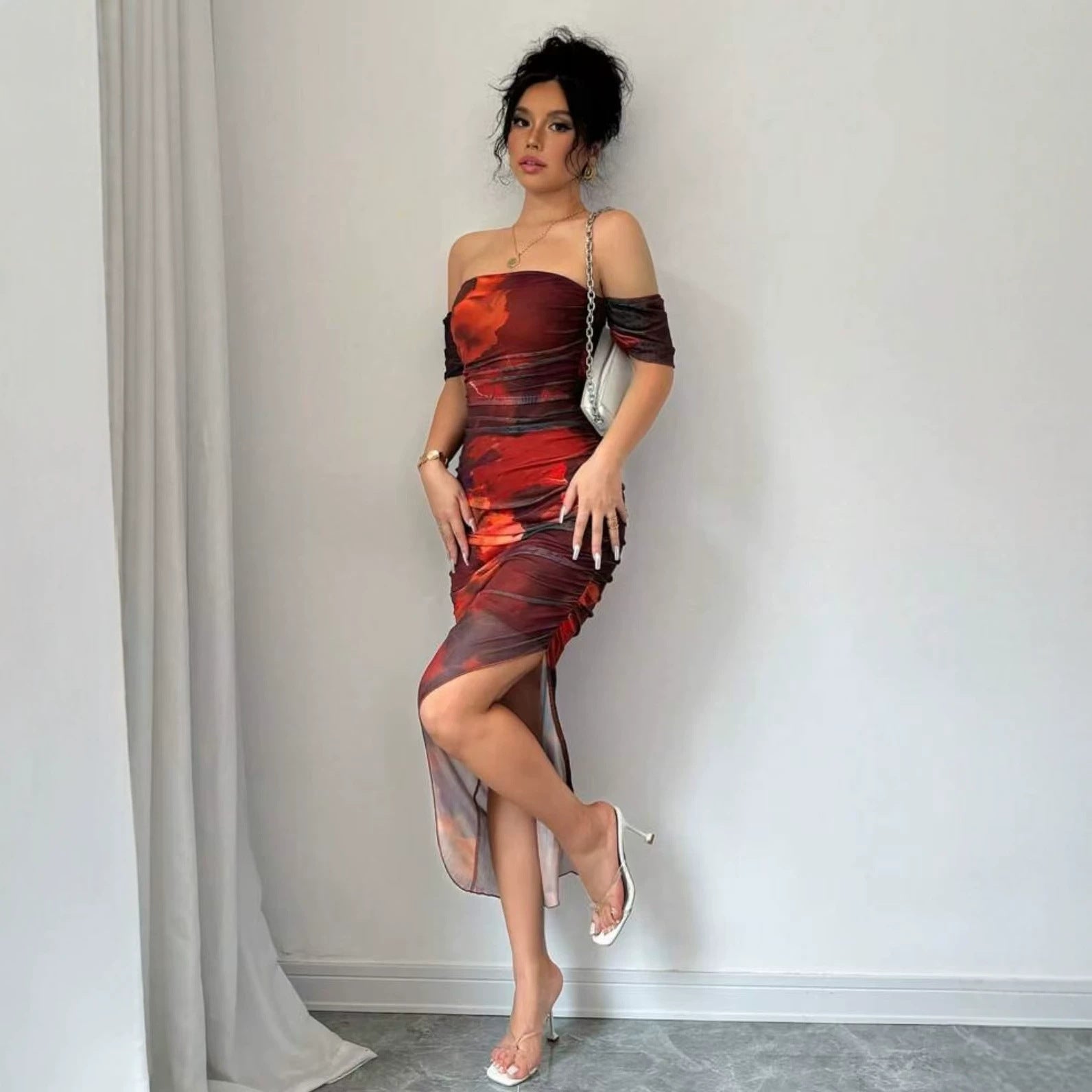 Damen elegantes Off-Shoulder Kleid mit raffinierten Rüschen R&B