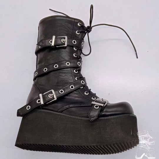 Damen Plateau-Stiefel mit robusten Schnallen und hochwertiger Leder-Oberfläche R&B