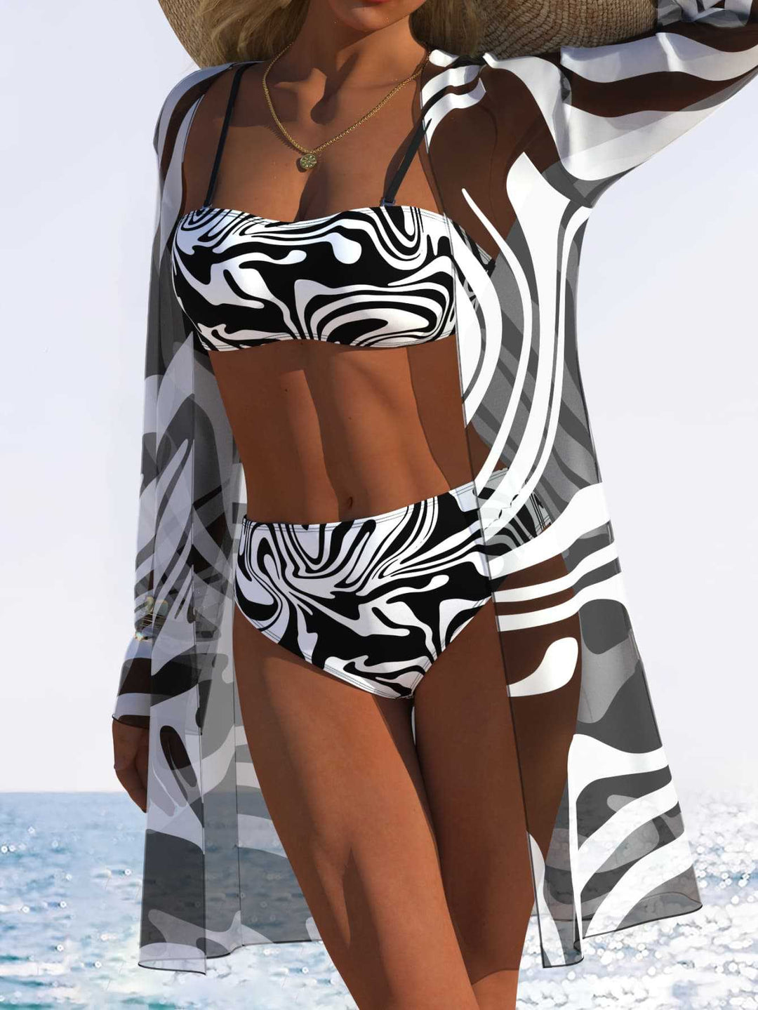 Damen Bikini-Set mit schickem Zebra-Muster und transparentem Überwurf R&B
