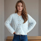 Damen flauschige Strickjacke mit herzförmigen Knöpfen und lockerer Passform R&B