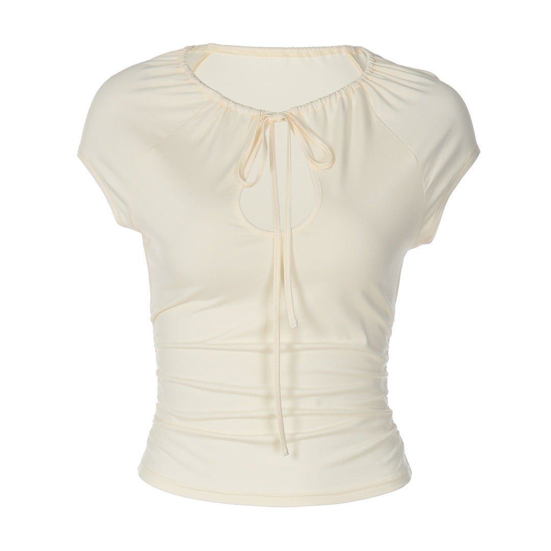 Damen figurbetontes Kurzarmshirt mit Dekolleté und Raffung R&B