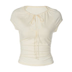 Damen figurbetontes Kurzarmshirt mit Dekolleté und Raffung R&B