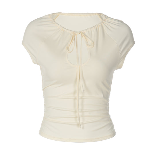Damen figurbetontes Kurzarmshirt mit Dekolleté und Raffung R&B