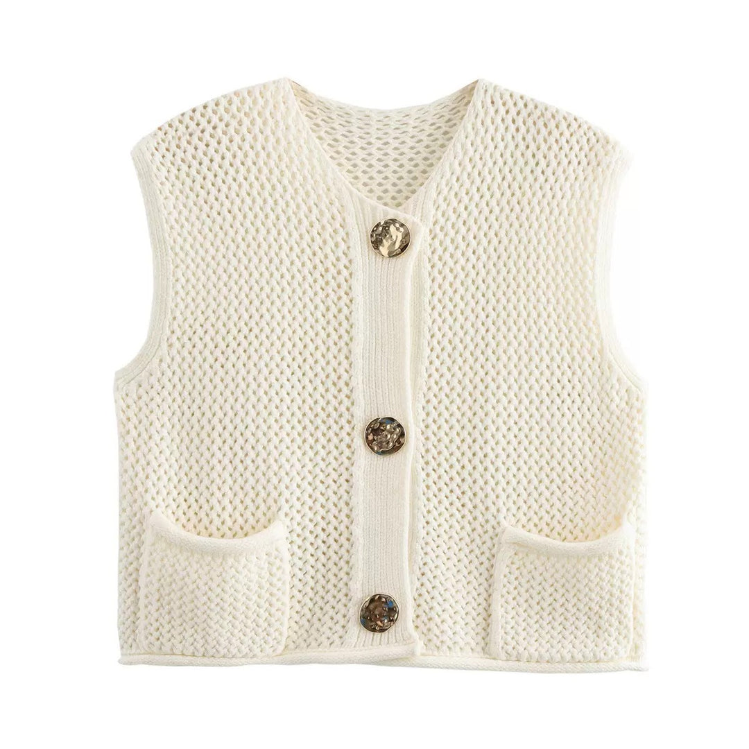 Damen Strickweste mit Knopfleiste und Taschen R&B