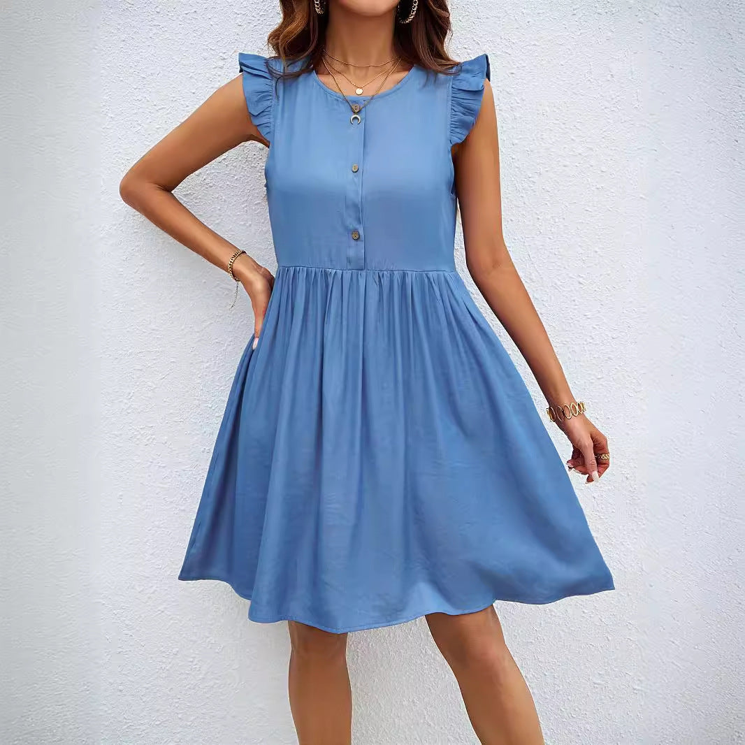 Damen lässiges Kurzkleid mit rüschigen Schulterdetails und Knopfleiste R&B