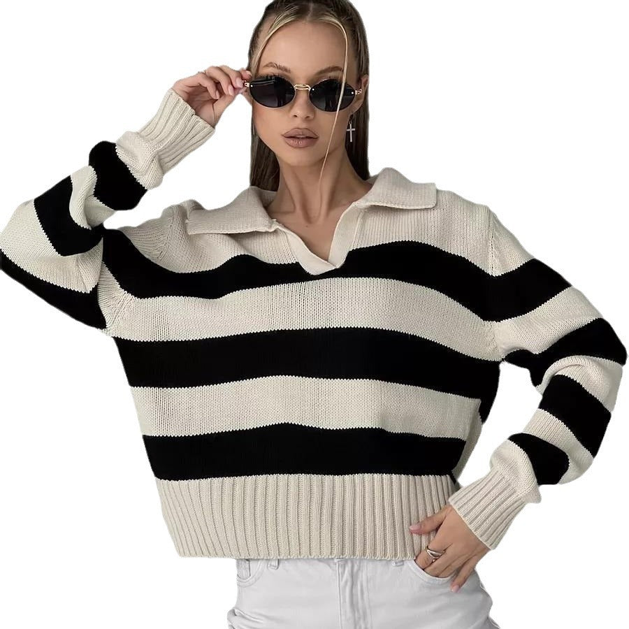 Damen Grob gestrickter Pullover mit breitem Kragen und Blockstreifendesign R&B