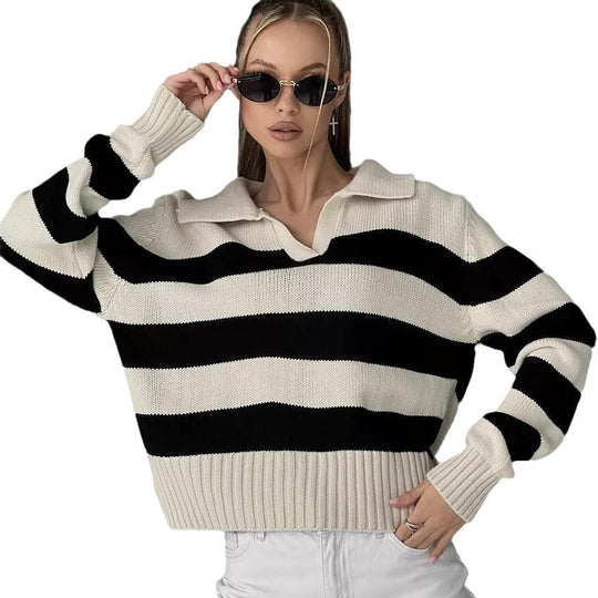 Damen Grob gestrickter Pullover mit breitem Kragen und Blockstreifendesign R&B