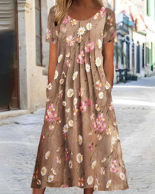 Damen nan Blumenswing-Midikleid mit Rundhalsausschnitt, Eingrifftaschen und strukturierter Crêpe-Qualität R&B