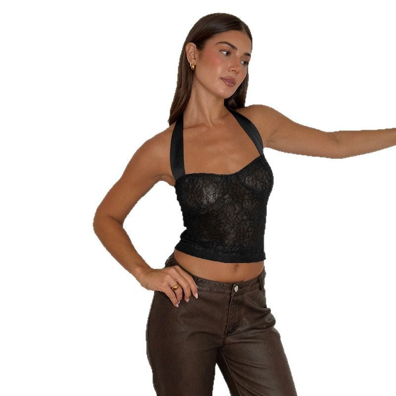 Damen Spitzen-Crop-Top mit schimmernden Trägern R&B
