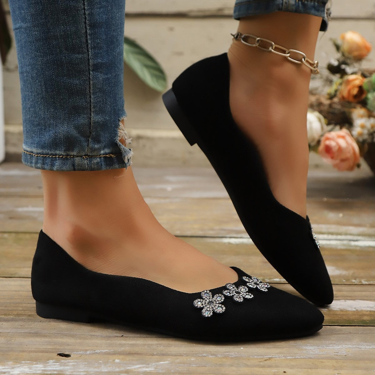 Damen elegante Ballerinas mit floralem Schmuckdetail R&B