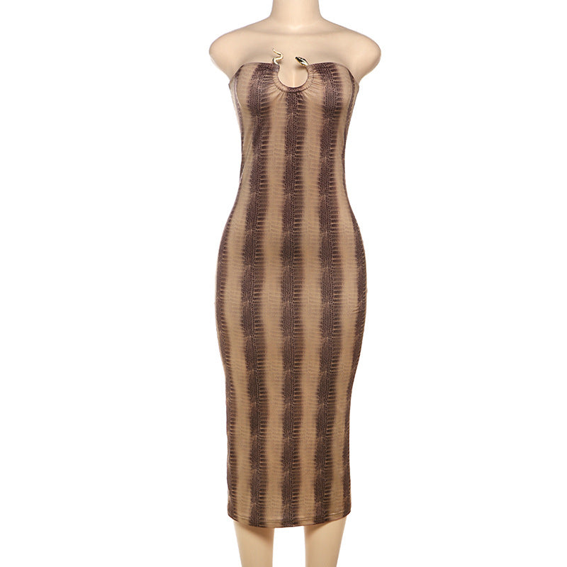 Damen Midikleid mit raffiniertem Schlangenprint und schulterfreiem Design R&B