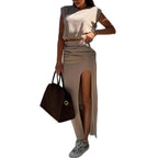 Damen Kombination aus Crop-Top und Maxirock mit seitlichem Schlitz R&B