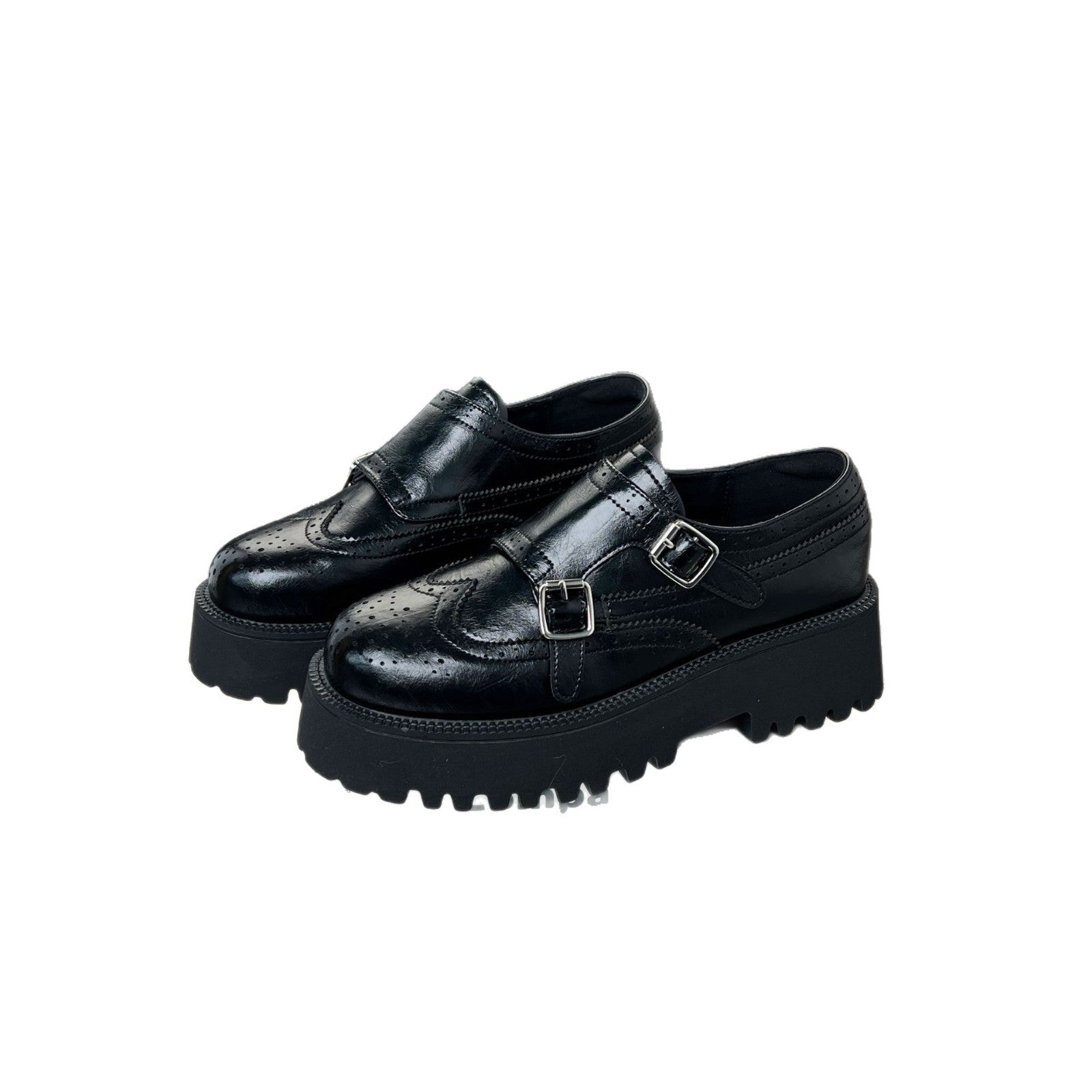 Damen Dual-Buckle Schnürschuhe mit robuster Profilsohle und eleganten Brogue-Mustern R&B