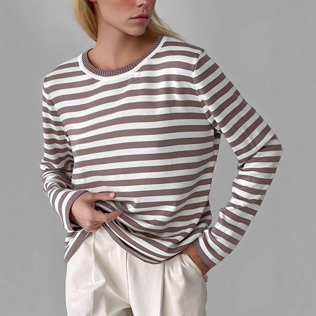 Damen gestreifter Langarmpullover mit Rundhalsausschnitt und lässigem Schnitt R&B