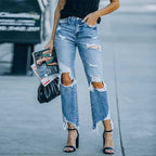 Damen High-Waist Mom-Jeans mit modischen Rissen und fransigem Saum R&B