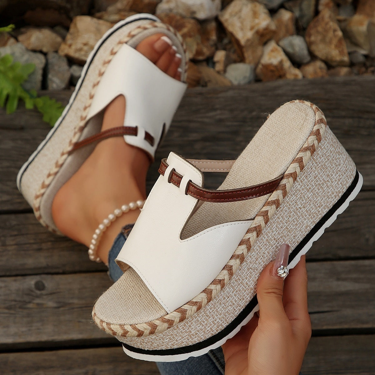 Damen Wedge-Pantoletten mit verstellbarem Riemendesign und natürlicher Jute-Optik R&B