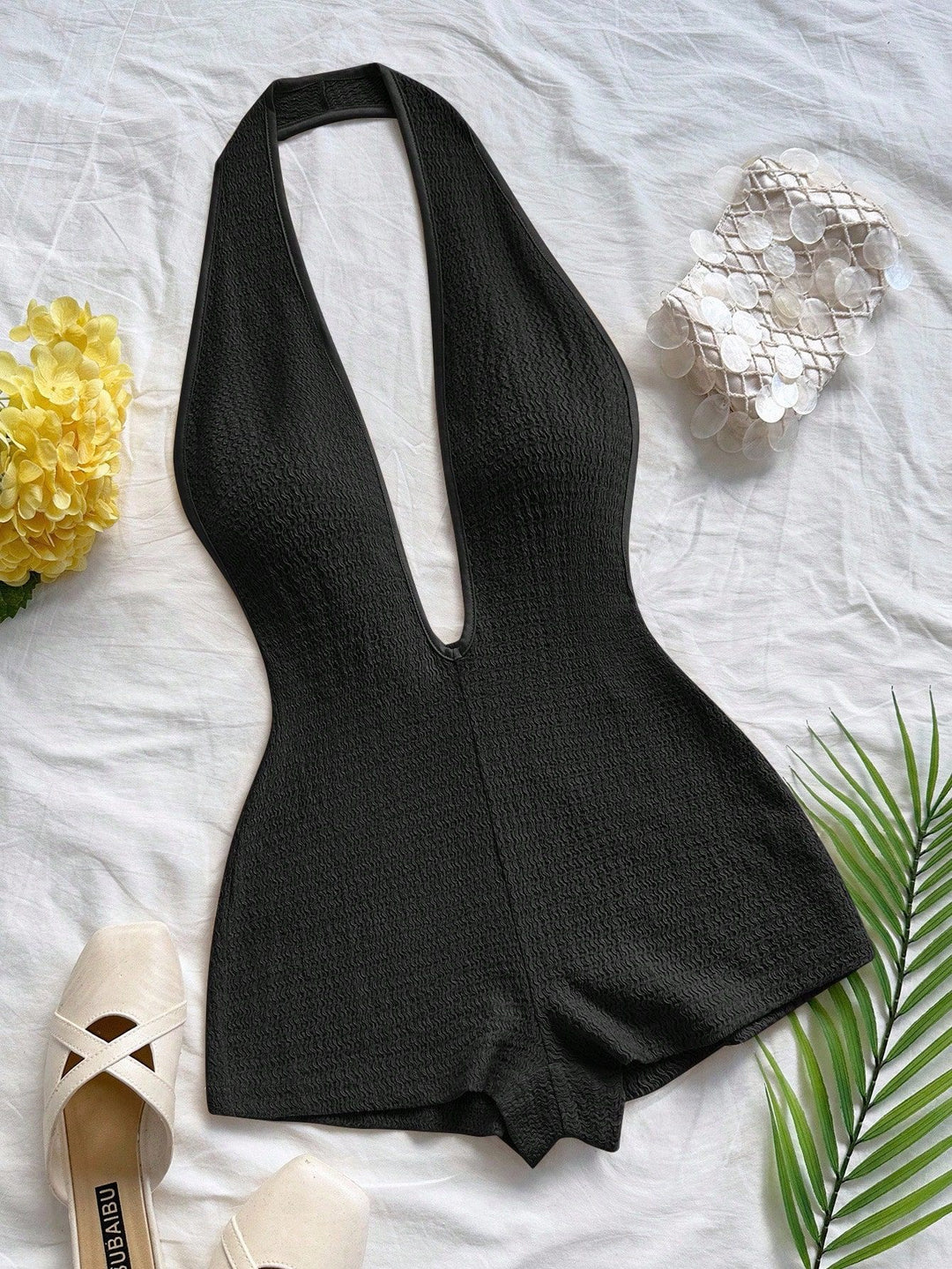 Damen Bodysuit mit tiefem V-Ausschnitt und strukturierter Oberfläche R&B