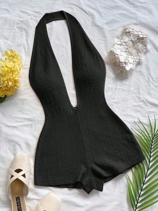 Damen Bodysuit mit tiefem V-Ausschnitt und strukturierter Oberfläche R&B