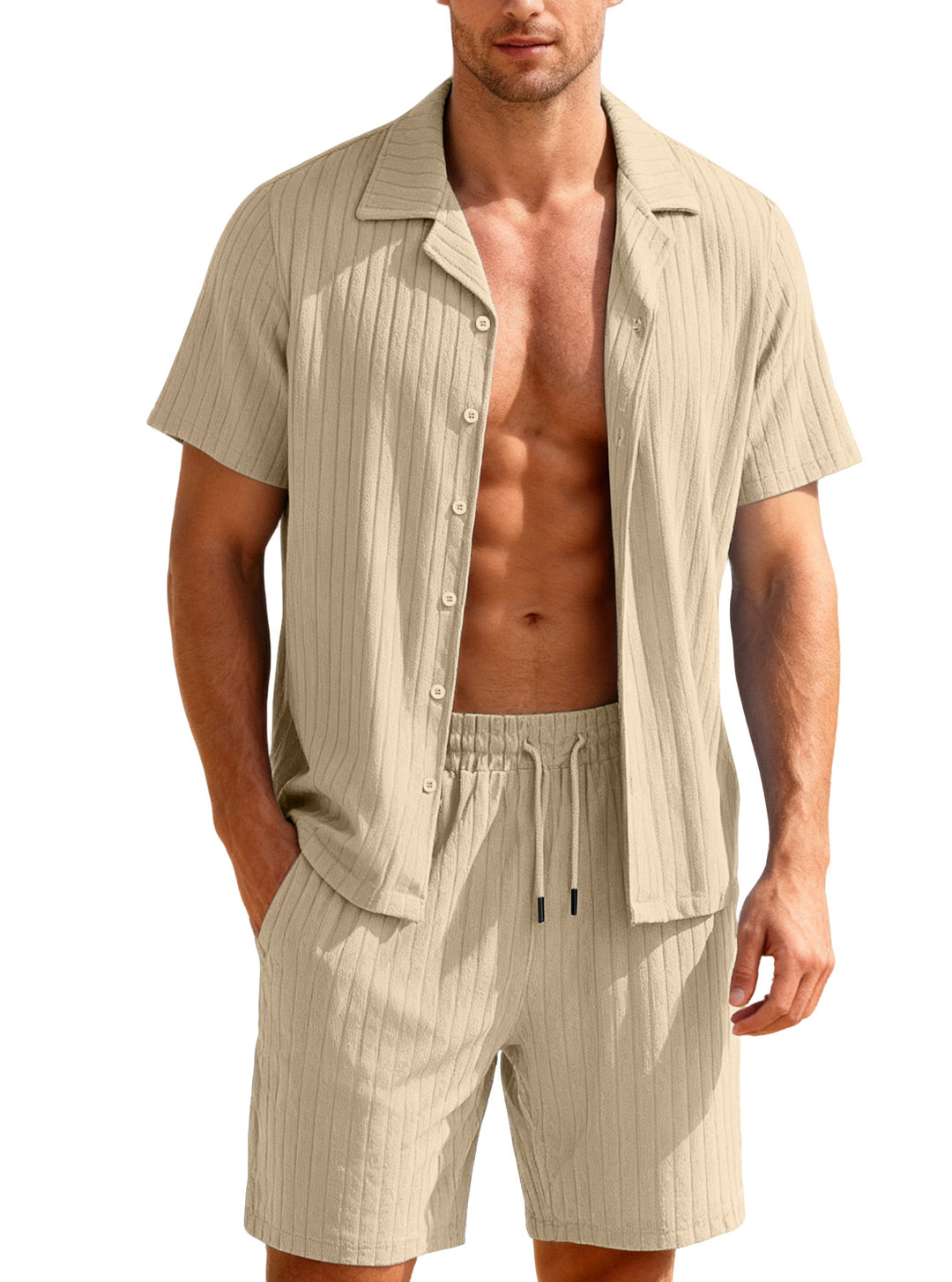 Herren nan geripptes Feinstrick-Lounge-Set mit kurzärmligem Revershemd und Kordelshorts R&B
