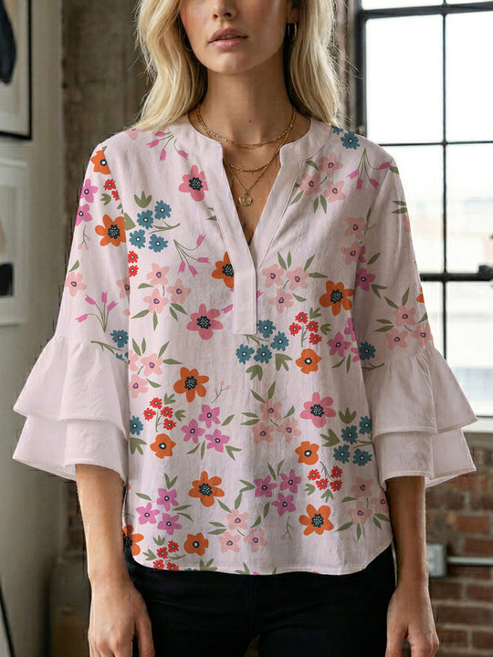 Damen Bluse mit voluminösen Flügelärmel und intensivem Blattmuster R&B