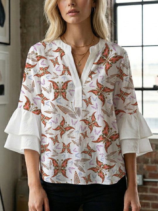 Damen Bluse mit voluminösen Rüschenärmeln und kreativem Floraldesign R&B