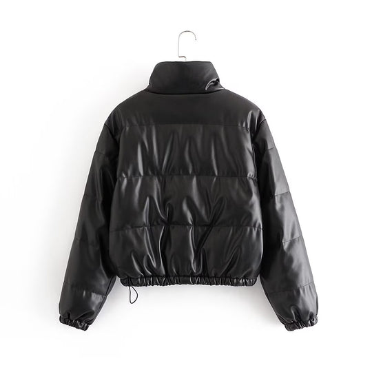Damen gesteppte Kunstlederjacke mit hochschließendem Kragen und elastischen Bündchen R&B