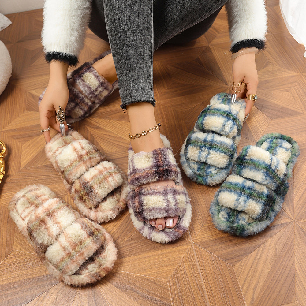 Damen bequeme Hausschuhe aus flauschigem Material mit doppeltem Riemen R&B