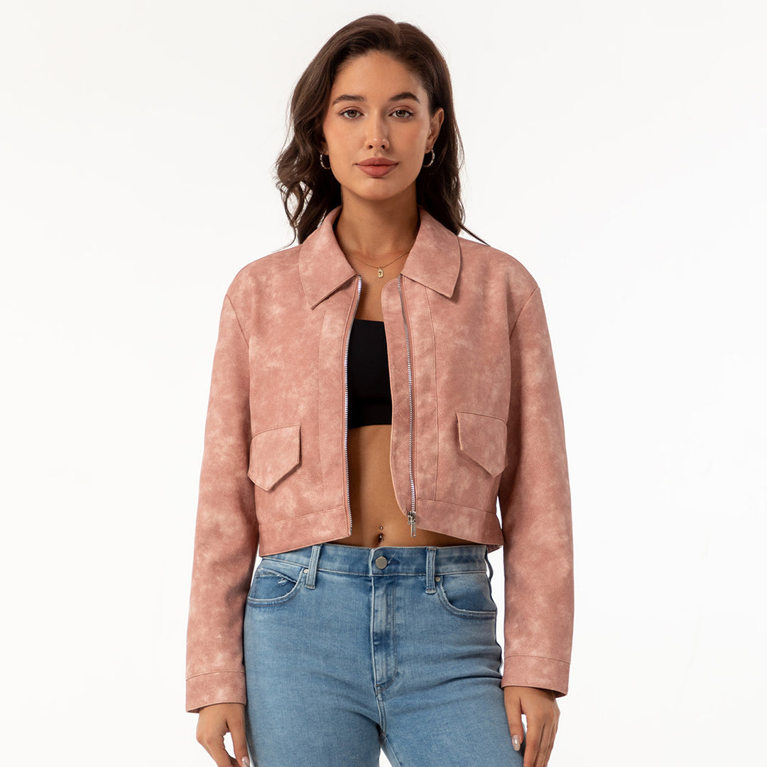 Damen modische cropped Kunstlederjacke mit klassischem Wellenkragen R&B