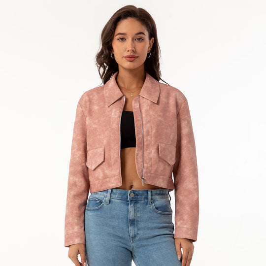 Damen modische cropped Kunstlederjacke mit klassischem Wellenkragen R&B