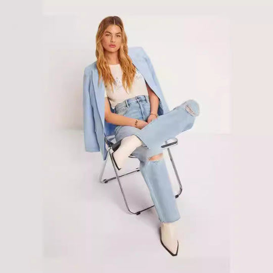 Damen High-Waist Jeans mit fransigem Saum und modischen Rissdetails R&B