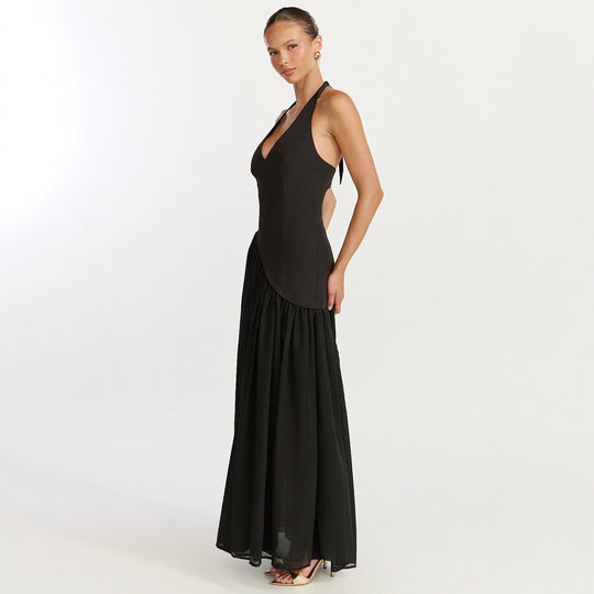 Damen Maxikleid mit tiefem V-Ausschnitt und asymmetrischem Rock R&B