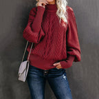 Damen modischer Strickpullover mit hochgeschlossenem Kragen und voluminösen Ärmeln R&B