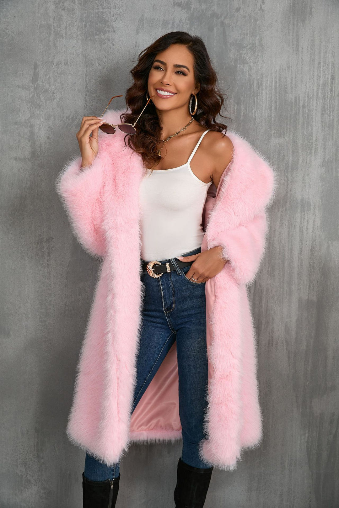 Damen Eleganter Kunstpelzmantel mit breitem Revers und lockerem Schnitt R&B