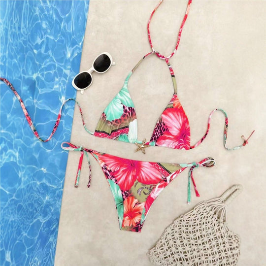 Damen Triangel-Bikini mit floralem Design und verstellbaren Bändern R&B