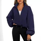 Damen lässiger Fleece-Pullover mit hohem Kragen und Kordelzug R&B