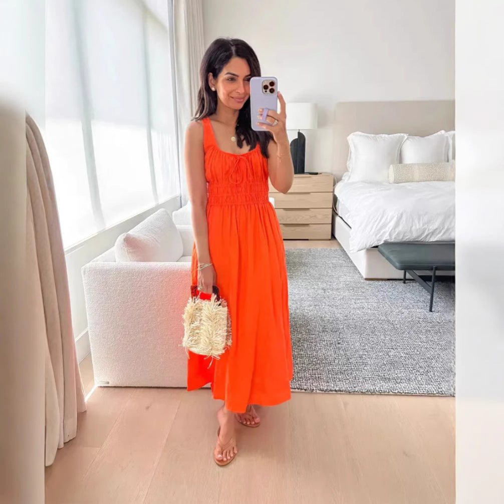 Damen nan midilanges Leinenoptik-Kleid mit Smokoberteil, elastischer Taillenpasse und breiten Trägern R&B