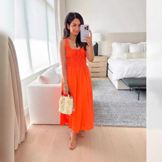 Damen nan midilanges Leinenoptik-Kleid mit Smokoberteil, elastischer Taillenpasse und breiten Trägern R&B