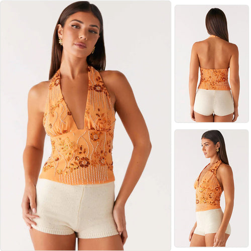 Damen Haltertops mit floralem Design und schimmernden Applikationen R&B