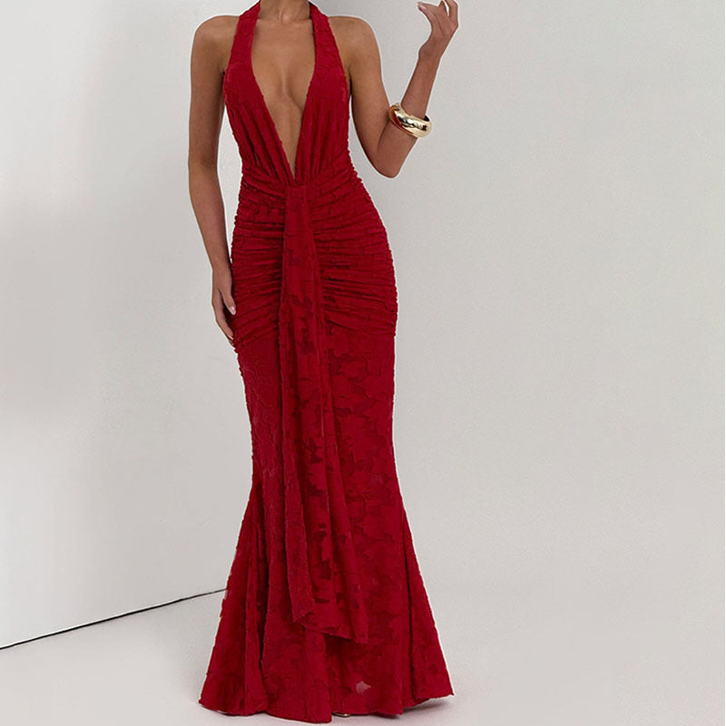 Damen Elegantes, figurbetontes Abendkleid mit tiefem V-Ausschnitt und Rüschendetails R&B