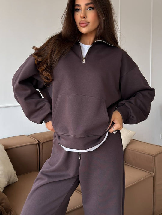 Damen lässiges Fleece-Set mit hochgeschlossenem Reißverschluss und weiten Beinen R&B