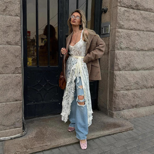 Damen Spitzenkimono mit offener Front und Rüschendetails R&B