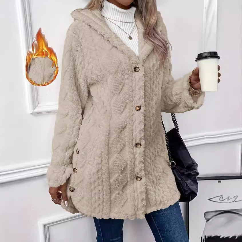 Damen Kuschelige Jacke mit Kapuze und Knopfdetails
