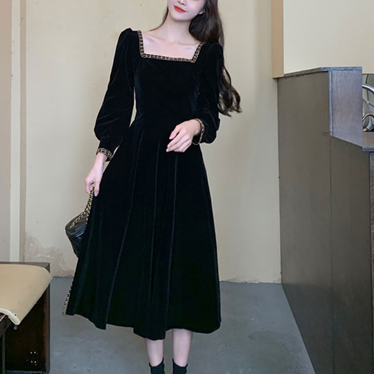 Damen elegantes Samt-Midi-Kleid mit quadratischem Ausschnitt und Puffärmeln