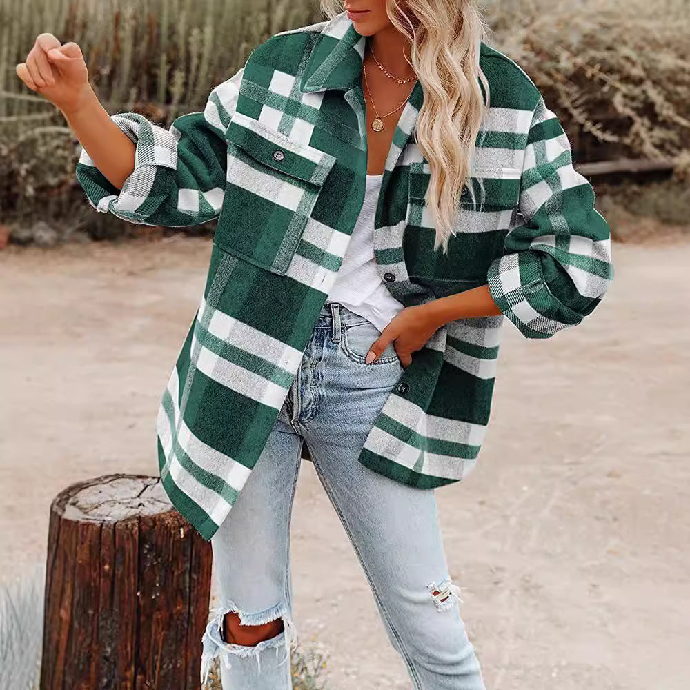 Damen Flanell Overshirt mit kariertem Muster und praktischen Brusttaschen R&B