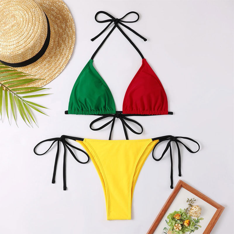 Damen Triangel-Bikini mit kontrastrierenden Farben und verspieltem Bindedesign R&B