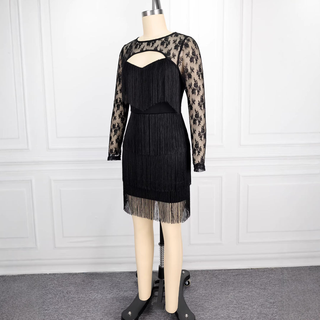 Damen Fransen Cocktailkleid mit Spitze R&B
