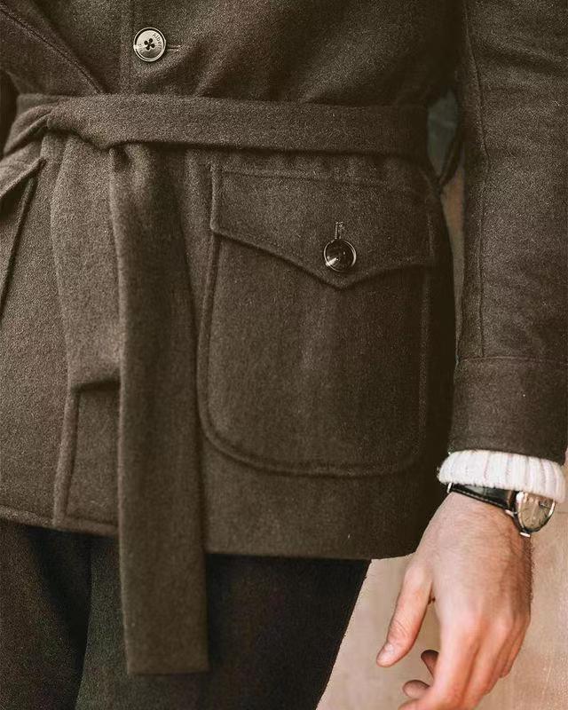 Herren multifunktionale Wool-Jacke mit Gürtel und Taschen R&B