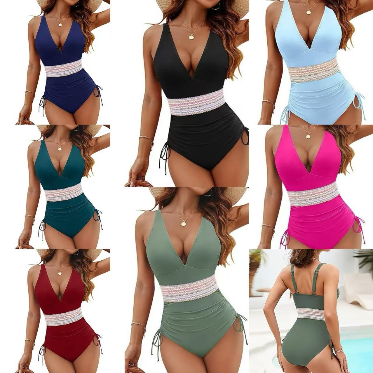 Damen Stylish Einteiler Badeanzug mit verstellbaren Trägern und Zierbund R&B