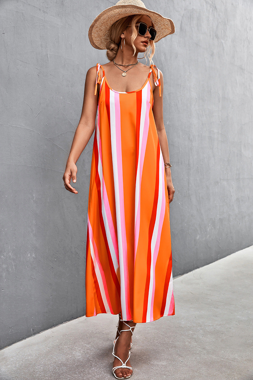 Damen Maxikleid mit modischen Streifen und taillierendem Gürtel R&B